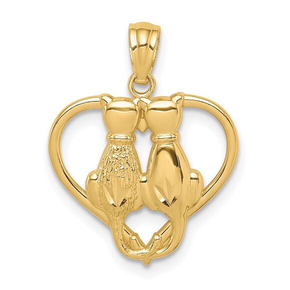14k Yellow Gold Sitting Cats in a Heart Pendant